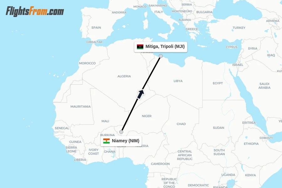 Flights from Niamey to Mitiga, Tripoli route map