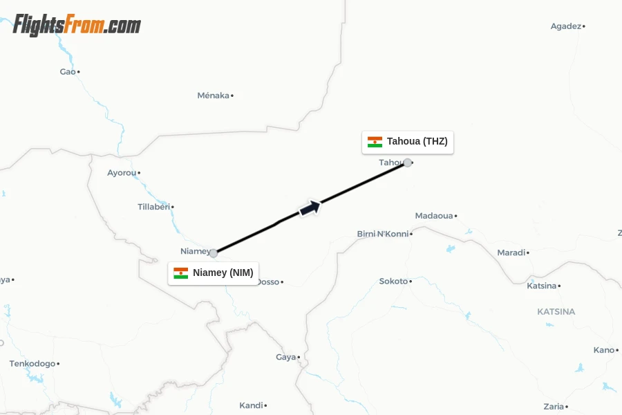 Flights from Niamey to Tahoua route map