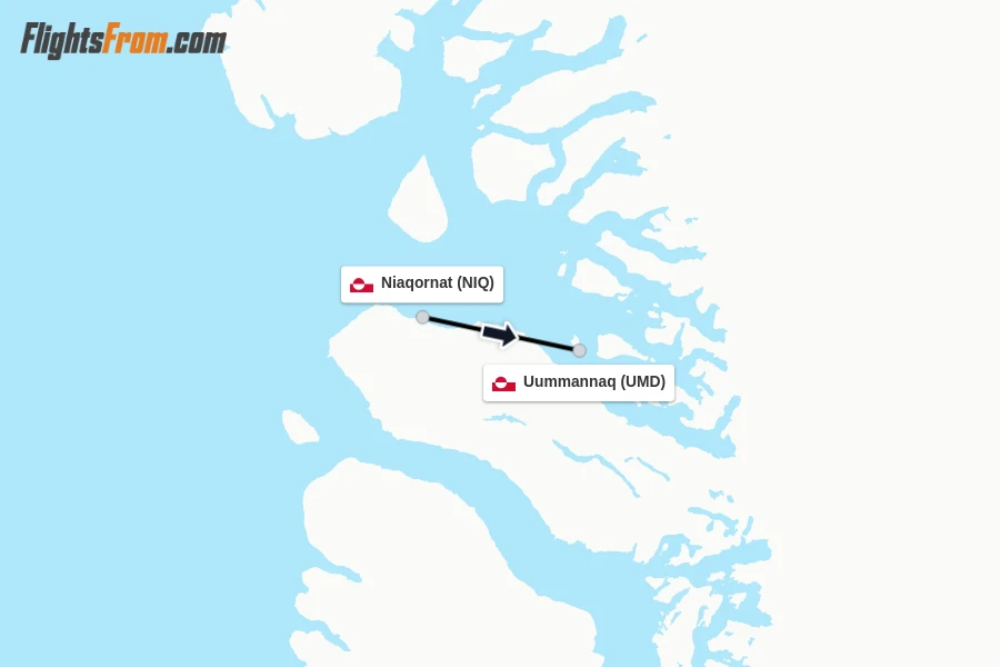 Flights from Niaqornat to Uummannaq route map