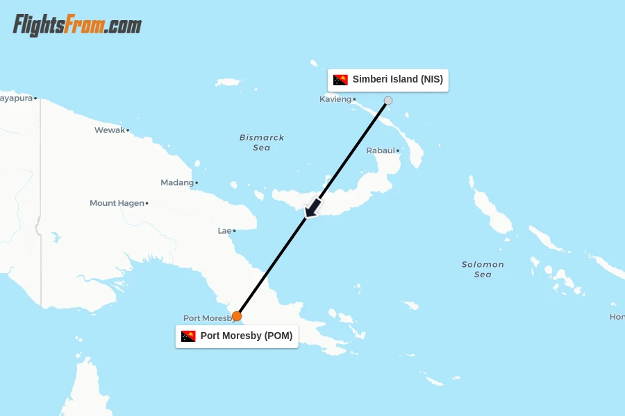 Flights from Simberi Island to Port Moresby route map