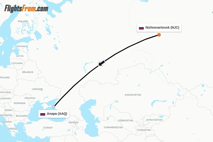 Flights from Nizhnevartovsk to Anapa route map