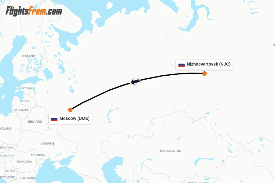 Flights from Nizhnevartovsk to Moscow route map