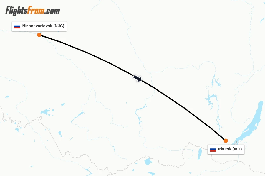 Flights from Nizhnevartovsk to Irkutsk route map