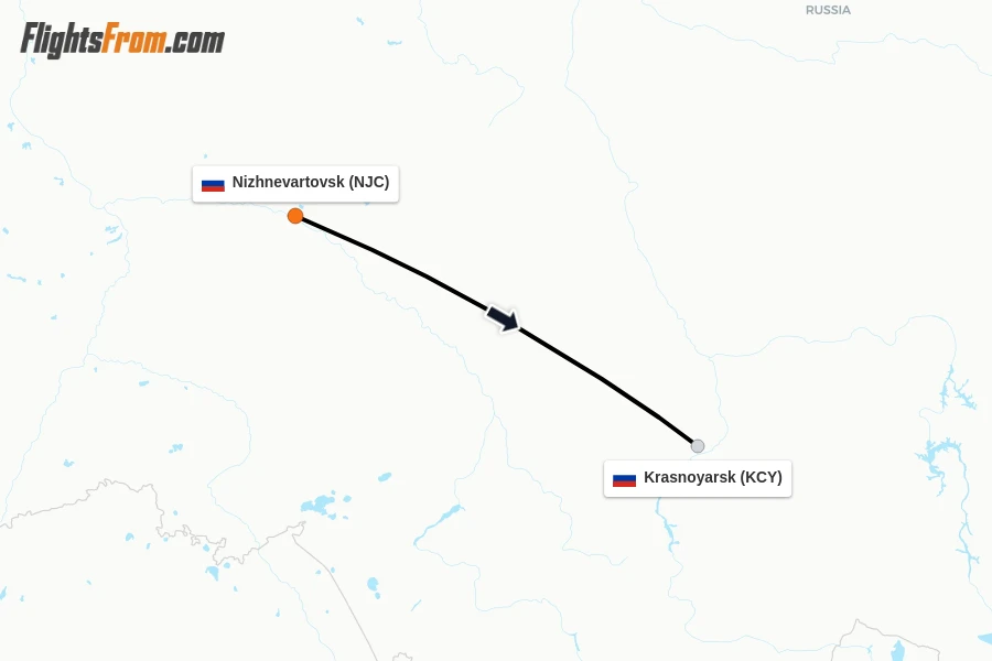 Flights from Nizhnevartovsk to Krasnoyarsk route map