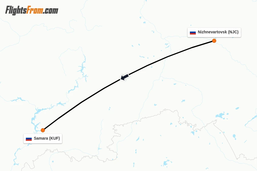 Flights from Nizhnevartovsk to Samara route map
