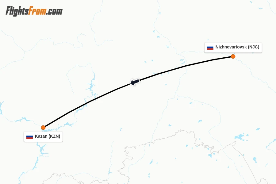 Flights from Nizhnevartovsk to Kazan route map