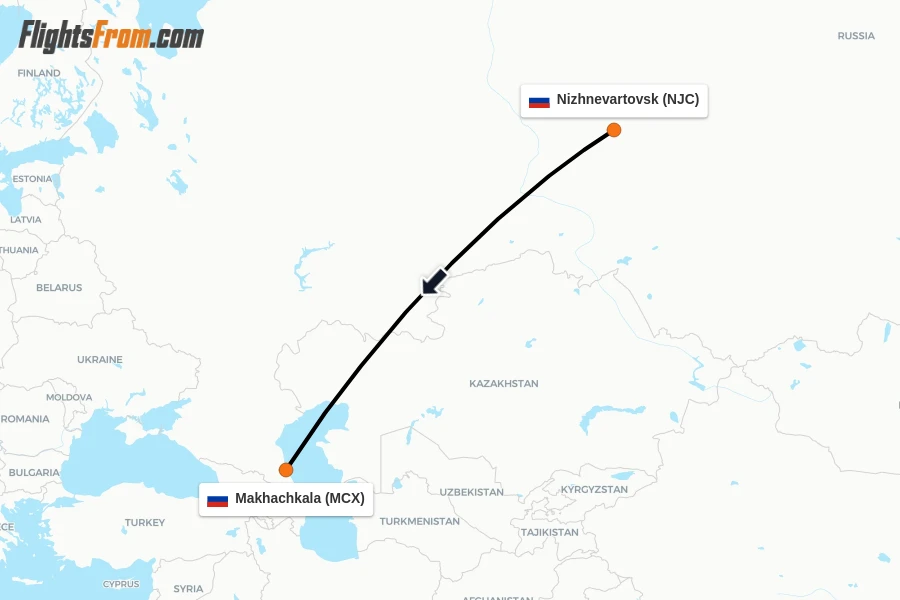 Flights from Nizhnevartovsk to Makhachkala route map