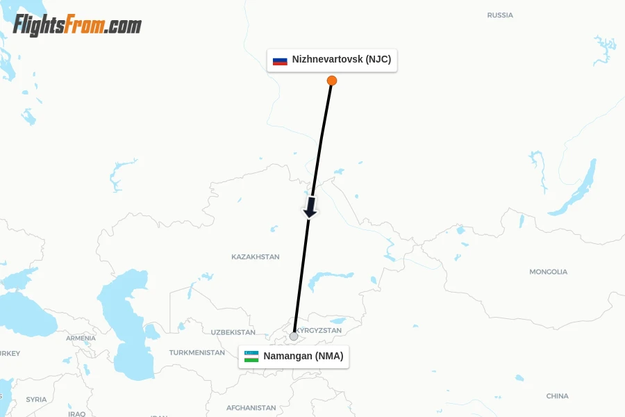 Flights from Nizhnevartovsk to Namangan route map