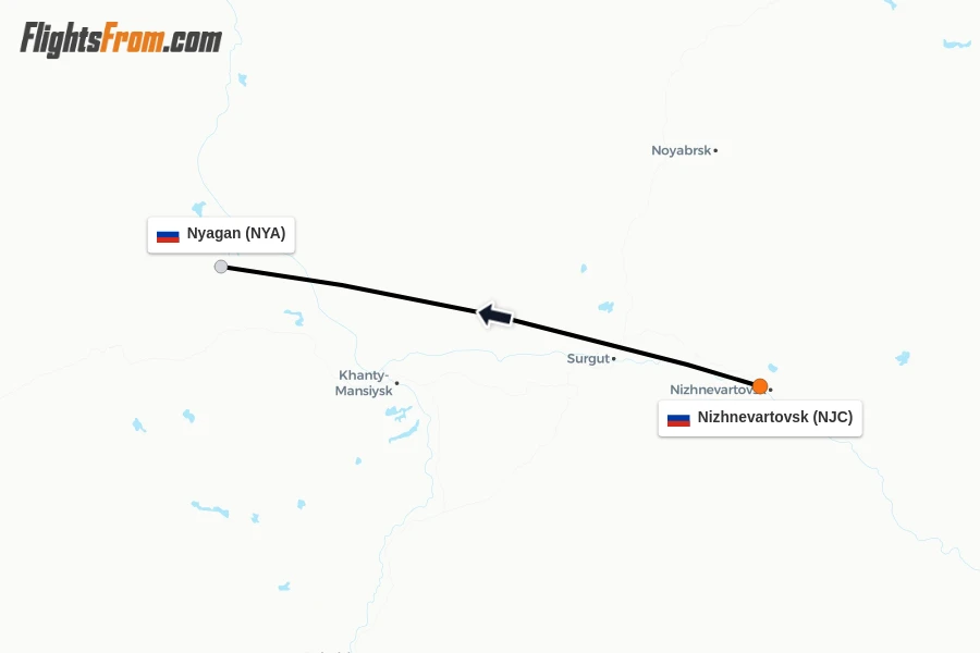 Flights from Nizhnevartovsk to Nyagan route map