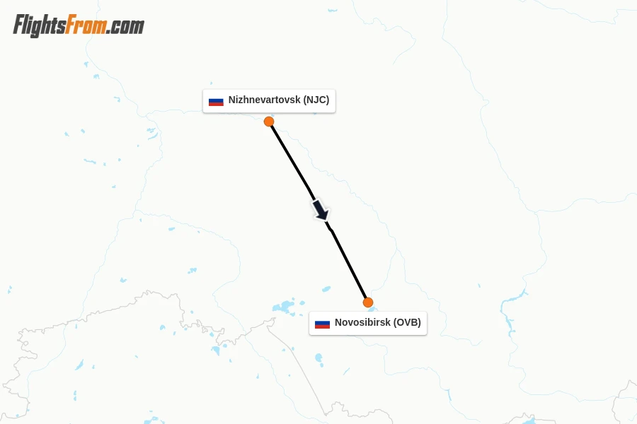 Flights from Nizhnevartovsk to Novosibirsk route map