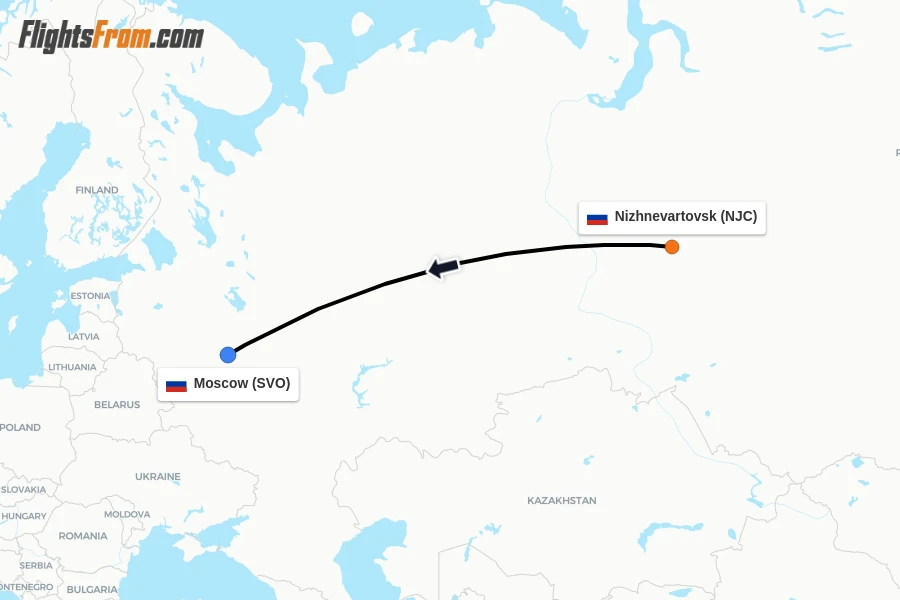 Flights from Nizhnevartovsk to Moscow route map