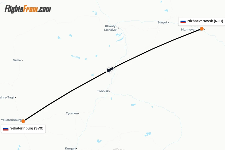 Flights from Nizhnevartovsk to Yekaterinburg route map