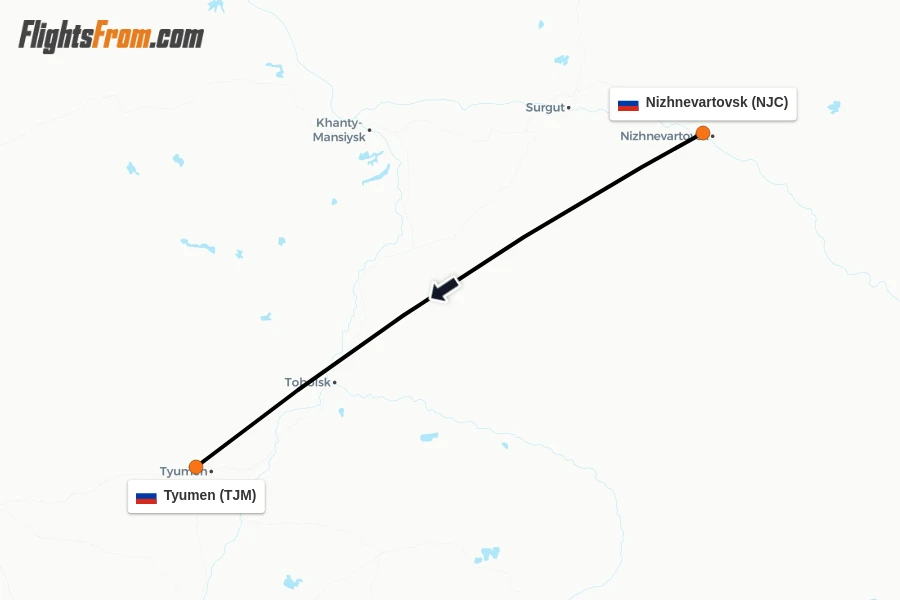 Flights from Nizhnevartovsk to Tyumen route map