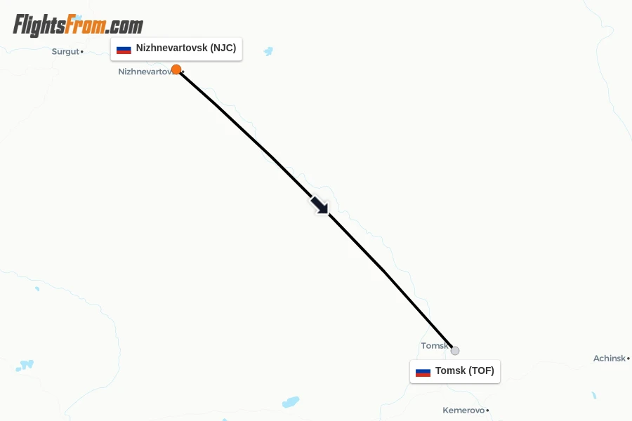 Flights from Nizhnevartovsk to Tomsk route map