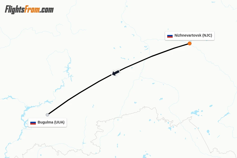 Flights from Nizhnevartovsk to Bugulma route map