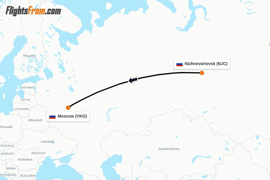 Flights from Nizhnevartovsk to Moscow route map