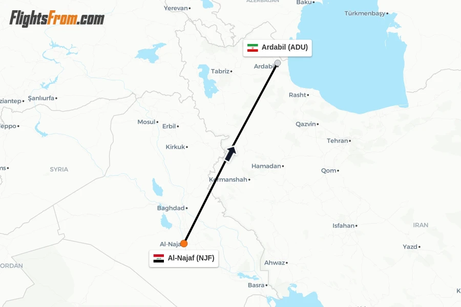 Flights from Al-Najaf to Ardabil route map