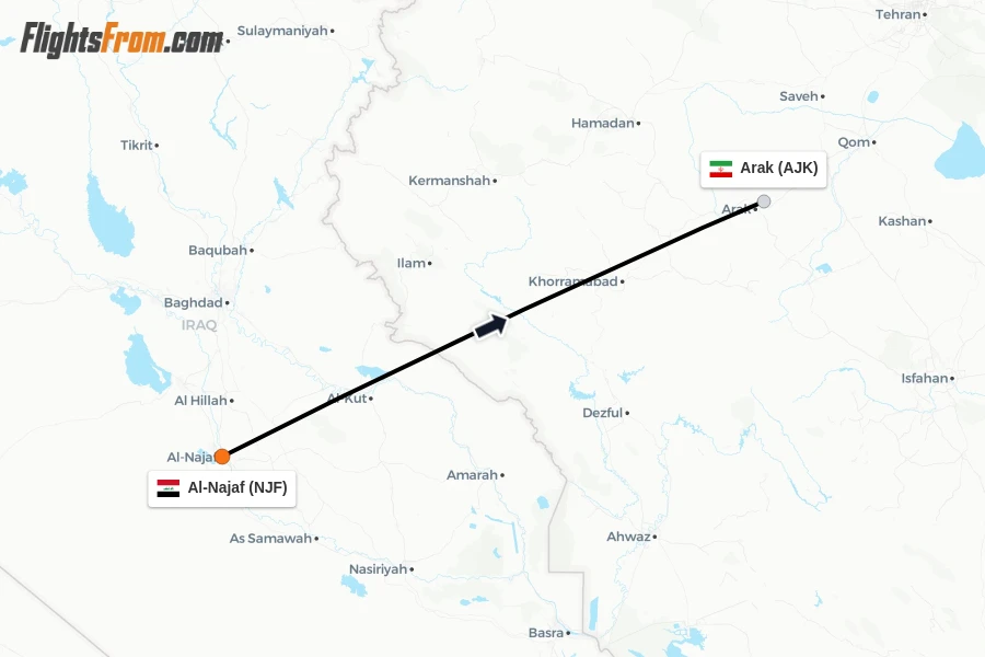 Flights from Al-Najaf to Arak route map