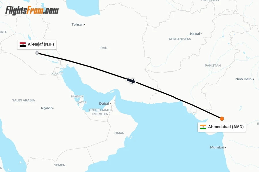 Flights from Al-Najaf to Ahmedabad route map