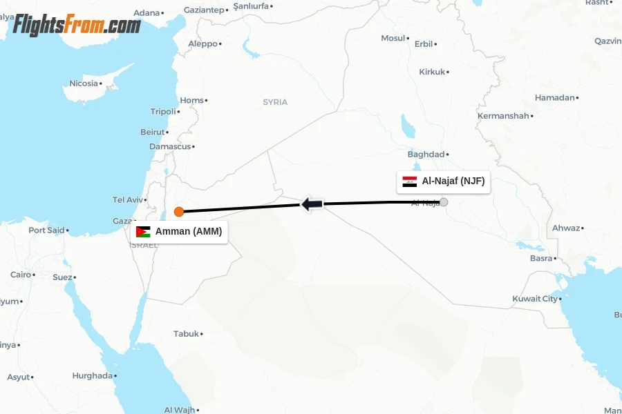 Flights from Al-Najaf to Amman route map
