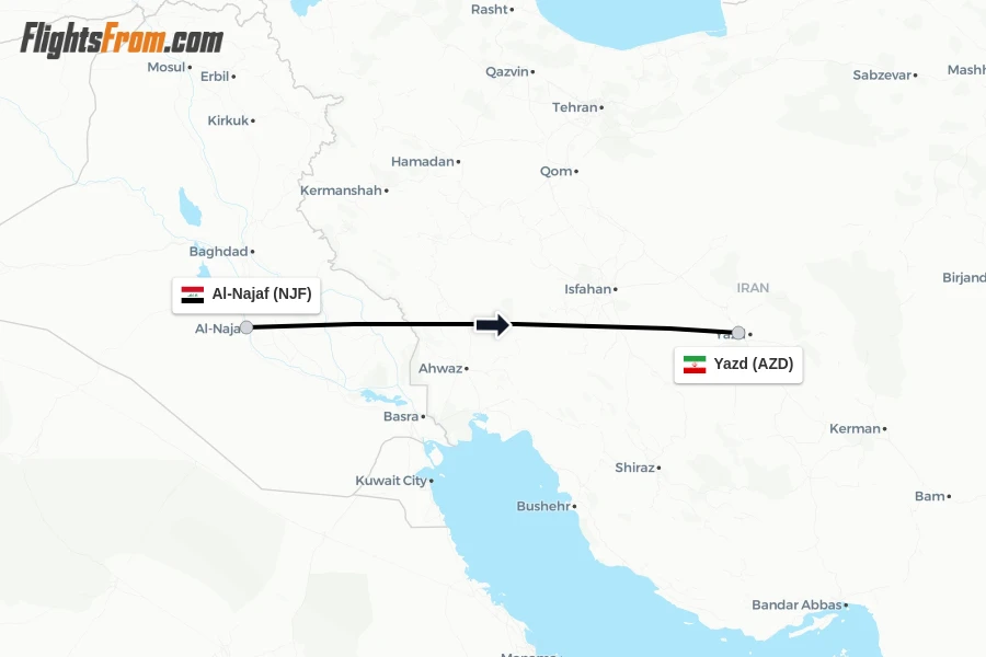Flights from Al-Najaf to Yazd route map