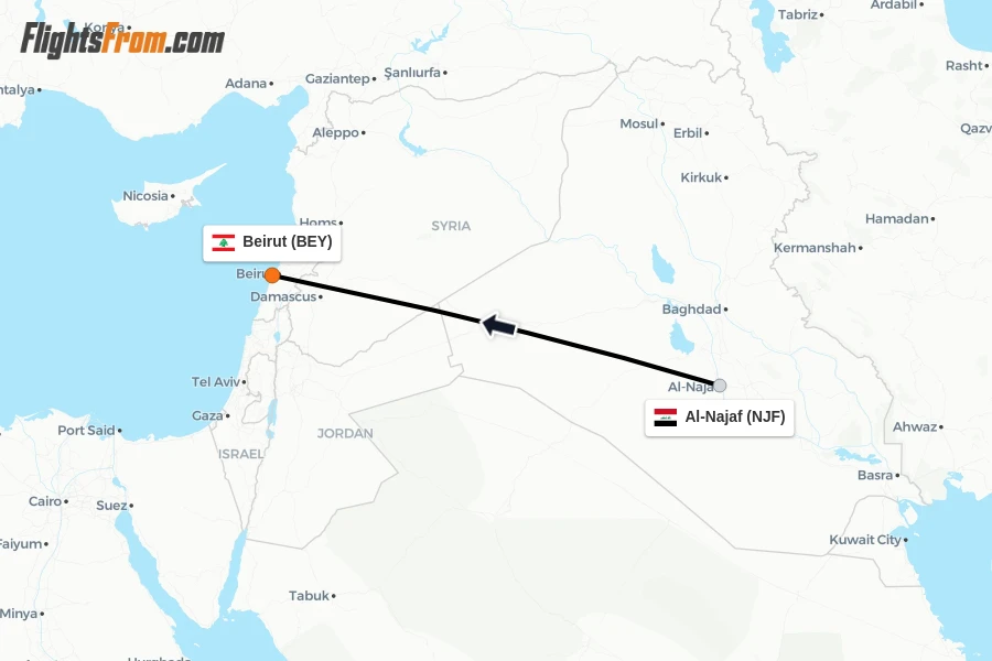 Flights from Al-Najaf to Beirut route map