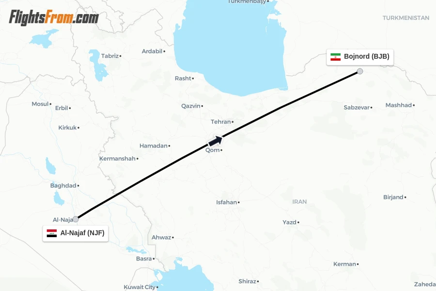 Flights from Al-Najaf to Bojnord route map