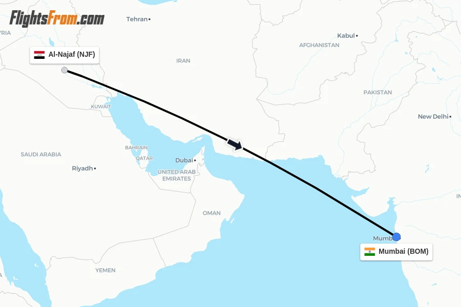 Flights from Al-Najaf to Mumbai route map