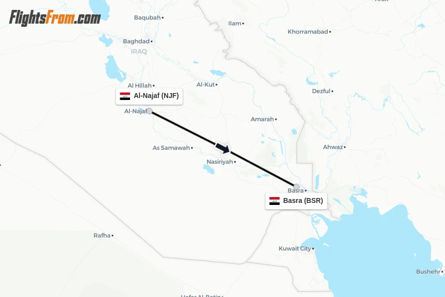 Flights from Al-Najaf to Basra route map