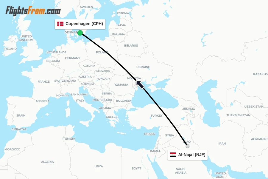 Flights from Al-Najaf to Copenhagen route map