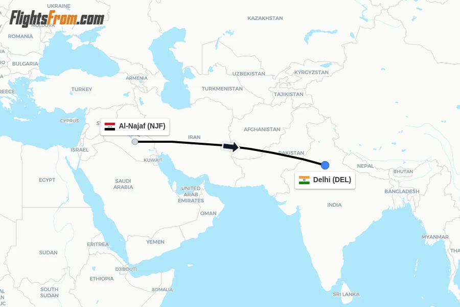 Flights from Al-Najaf to Delhi route map