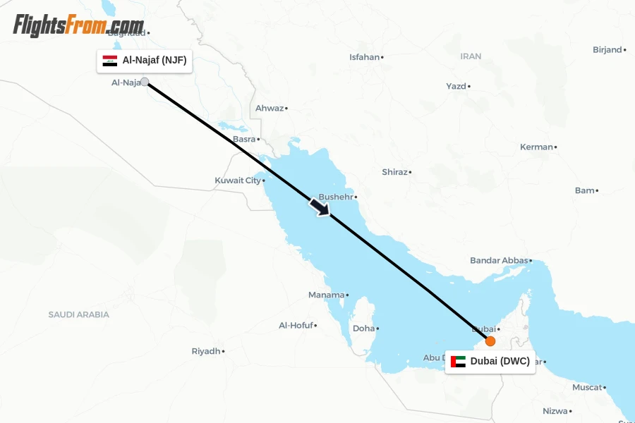 Flights from Al-Najaf to Dubai route map