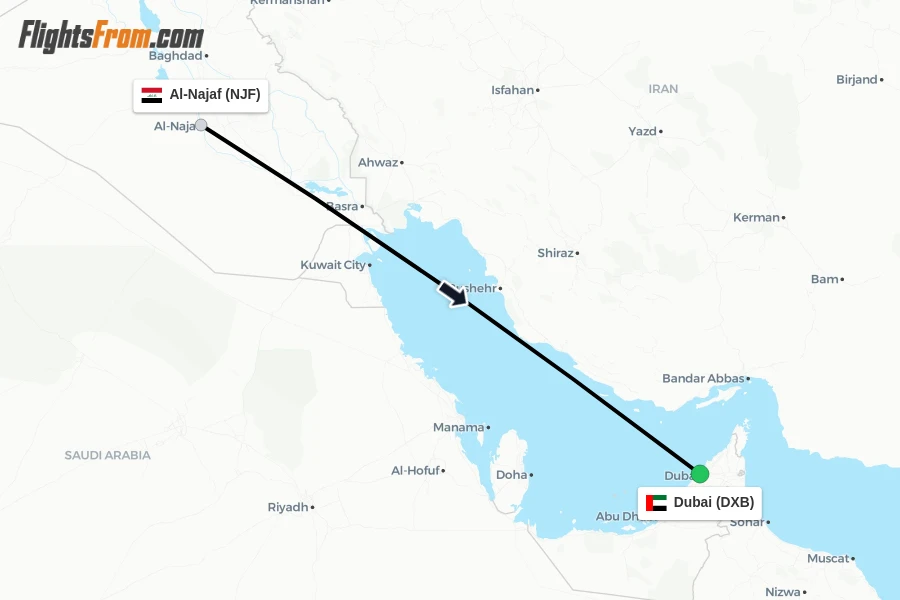 Flights from Al-Najaf to Dubai route map