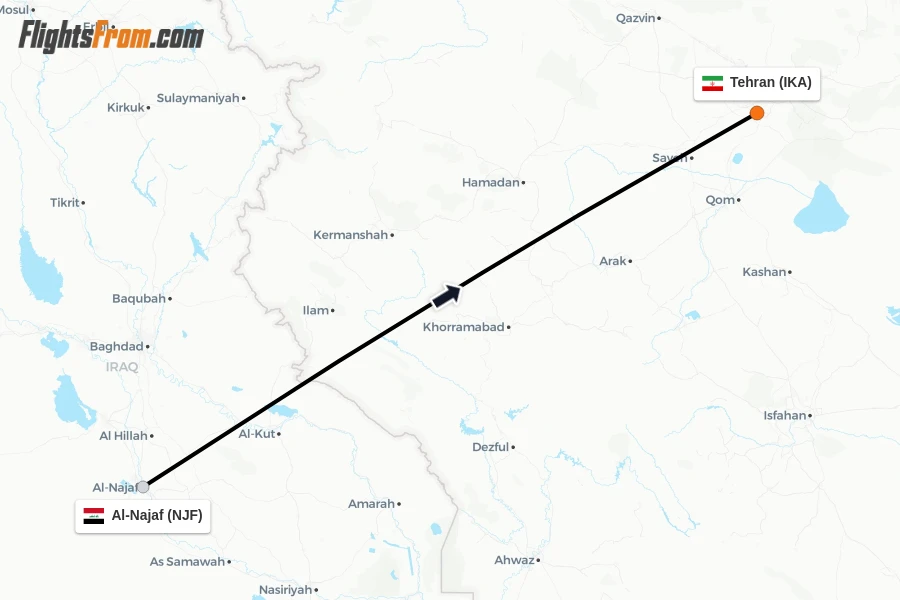 Flights from Al-Najaf to Tehran route map