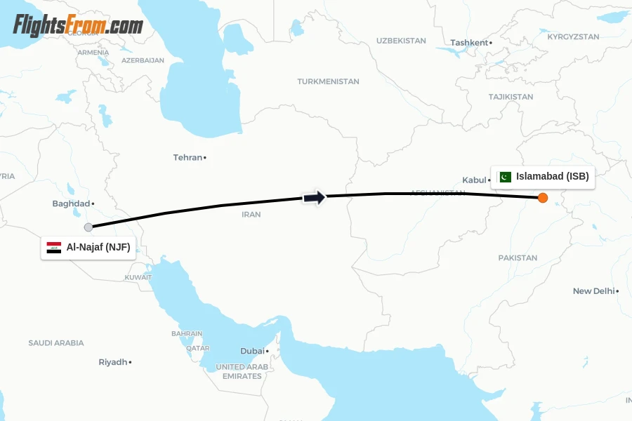 Flights from Al-Najaf to Islamabad route map