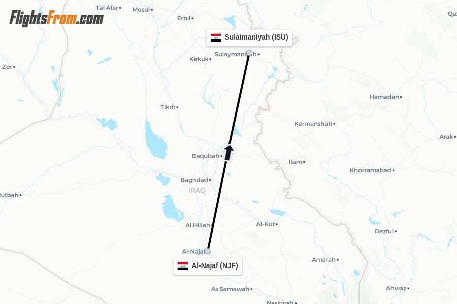 Flights from Al-Najaf to Sulaimaniyah route map