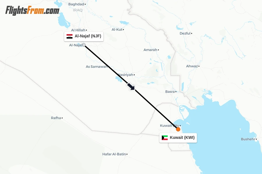 Flights from Al-Najaf to Kuwait route map