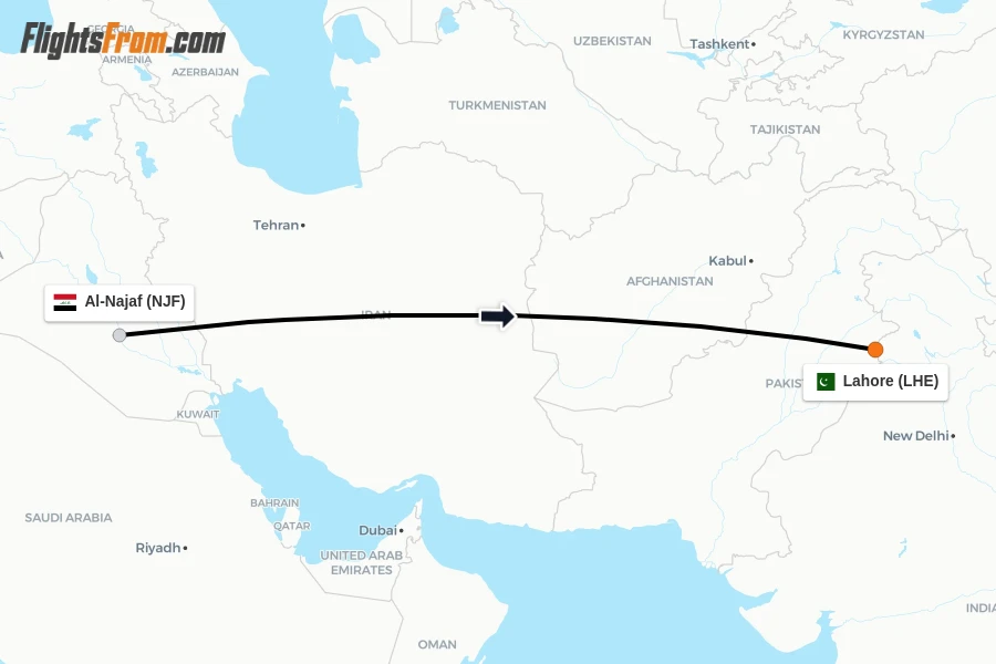 Flights from Al-Najaf to Lahore route map
