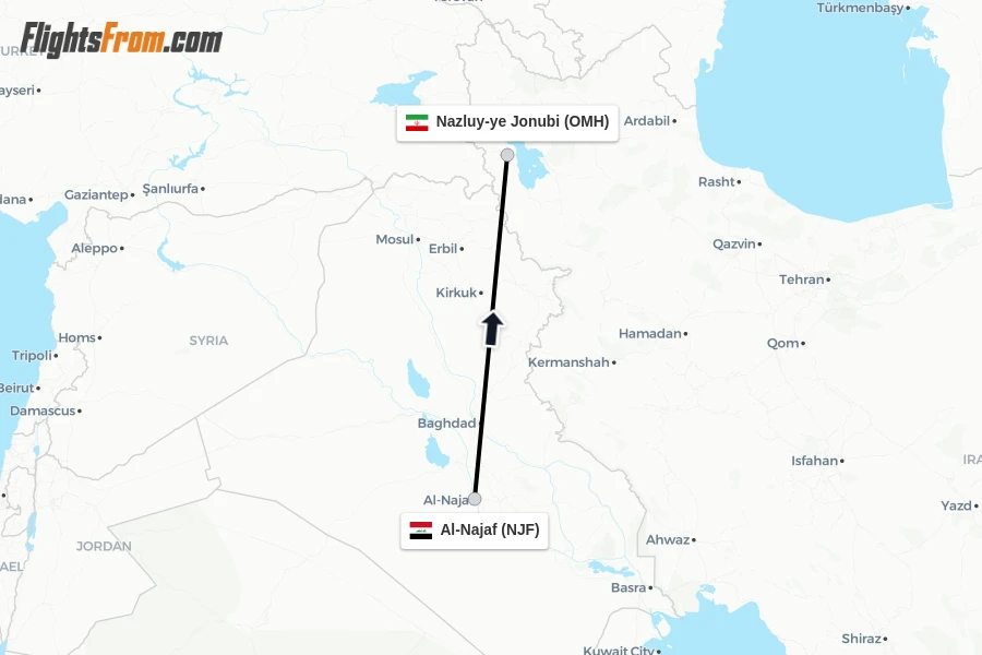 Flights from Al-Najaf to Nazluy-ye Jonubi route map