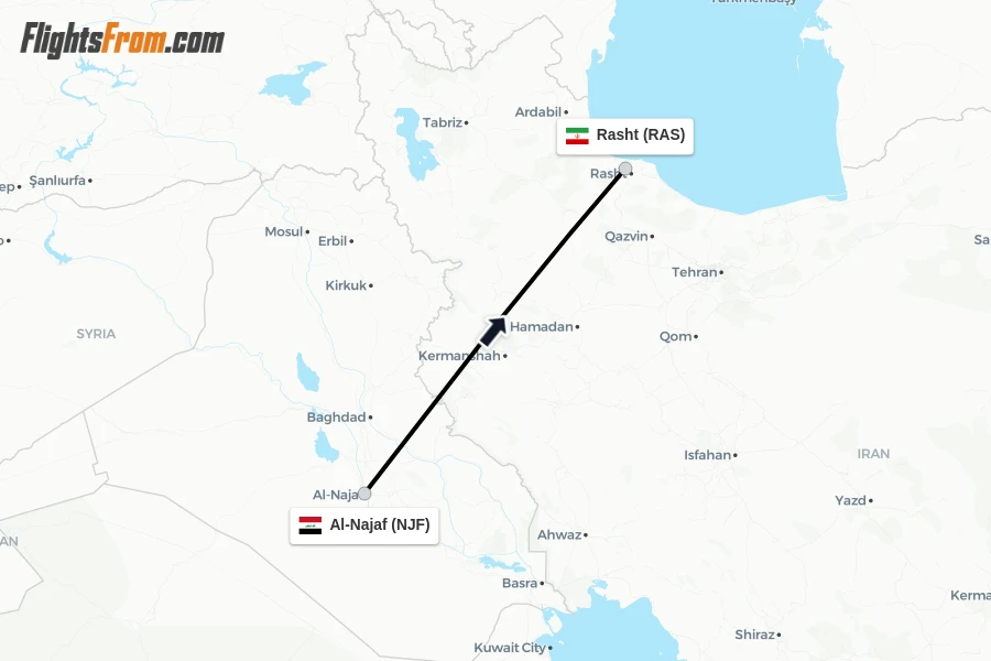Flights from Al-Najaf to Rasht route map