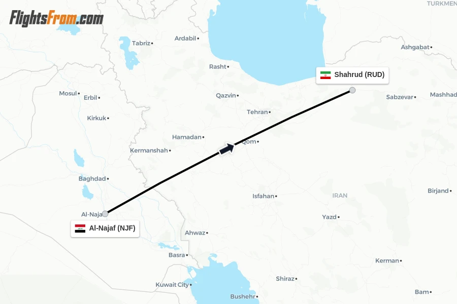Flights from Al-Najaf to Shahrud route map