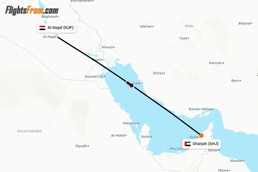 Flights from Al-Najaf to Sharjah route map