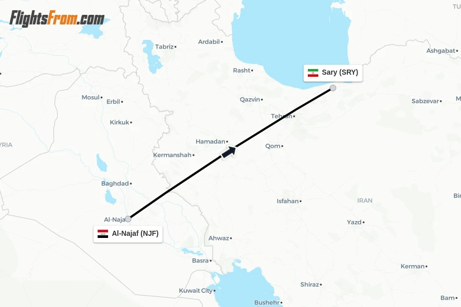 Flights from Al-Najaf to Sary route map