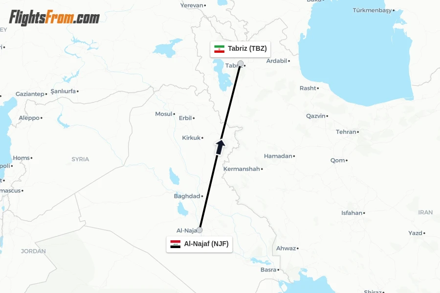 Flights from Al-Najaf to Tabriz route map