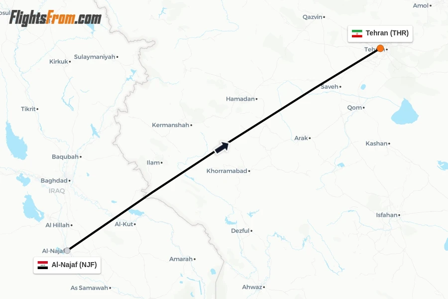 Flights from Al-Najaf to Tehran route map