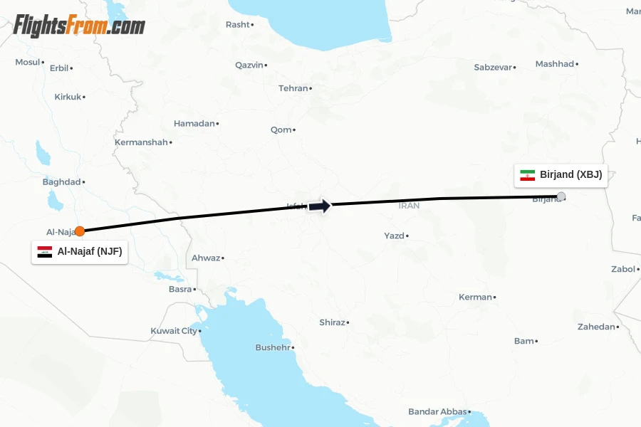 Flights from Al-Najaf to Birjand route map