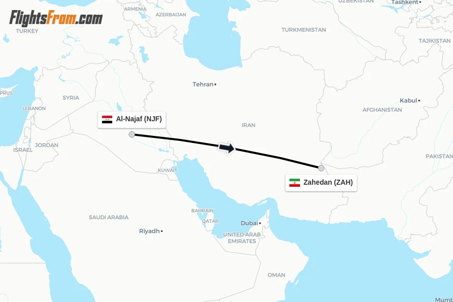 Flights from Al-Najaf to Zahedan route map