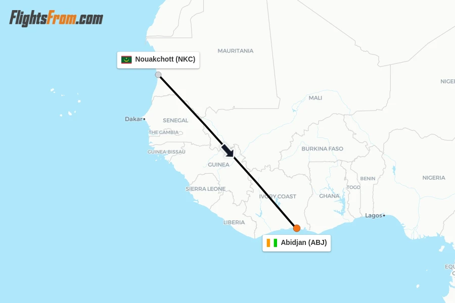 Flights from Nouakchott to Abidjan route map