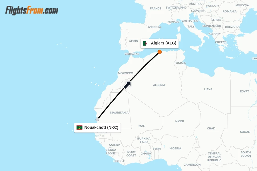 Flights from Nouakchott to Algiers route map