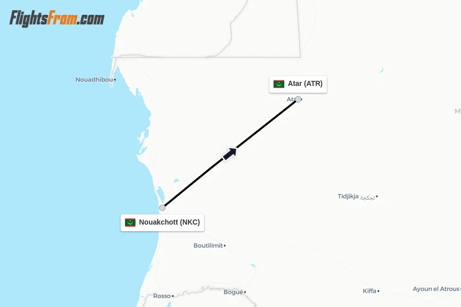 Flights from Nouakchott to Atar route map